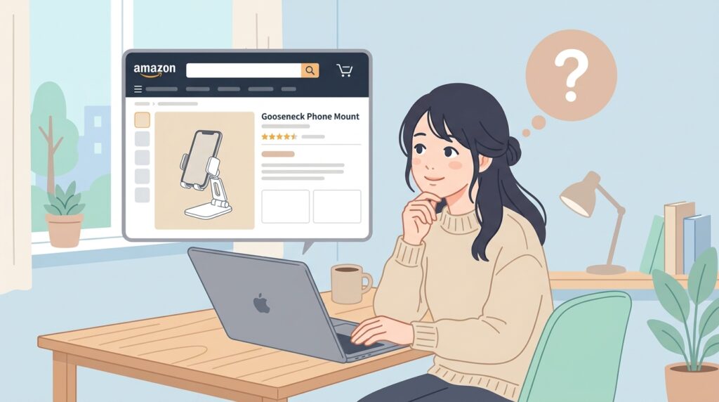 Amazonでスマホホルダーを検索する女性のイラスト