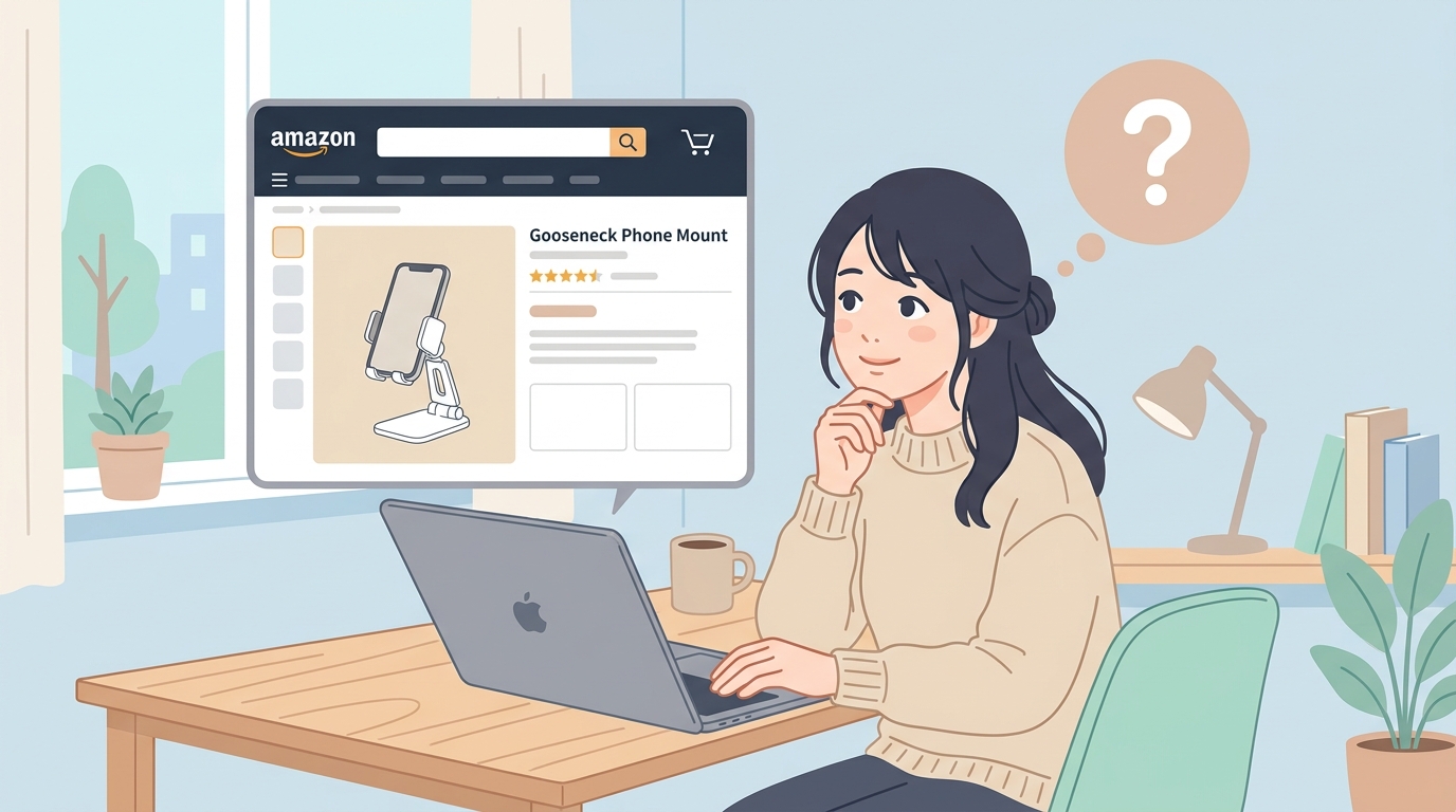 Amazonでスマホホルダーを検索する女性のイラスト