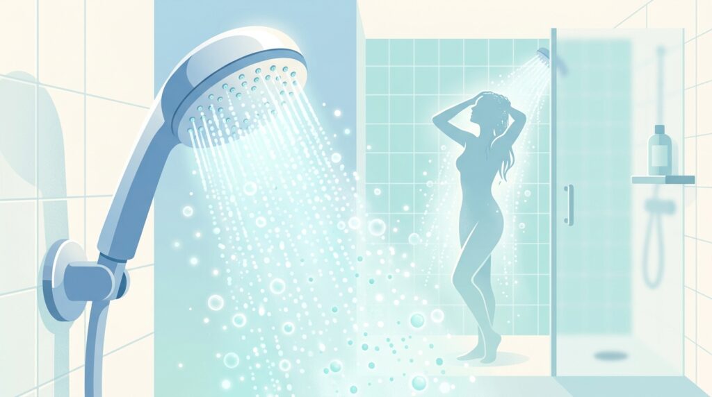 Aomissマイクロナノバブルシャワーヘッドと女性シルエットのフラットイラスト
