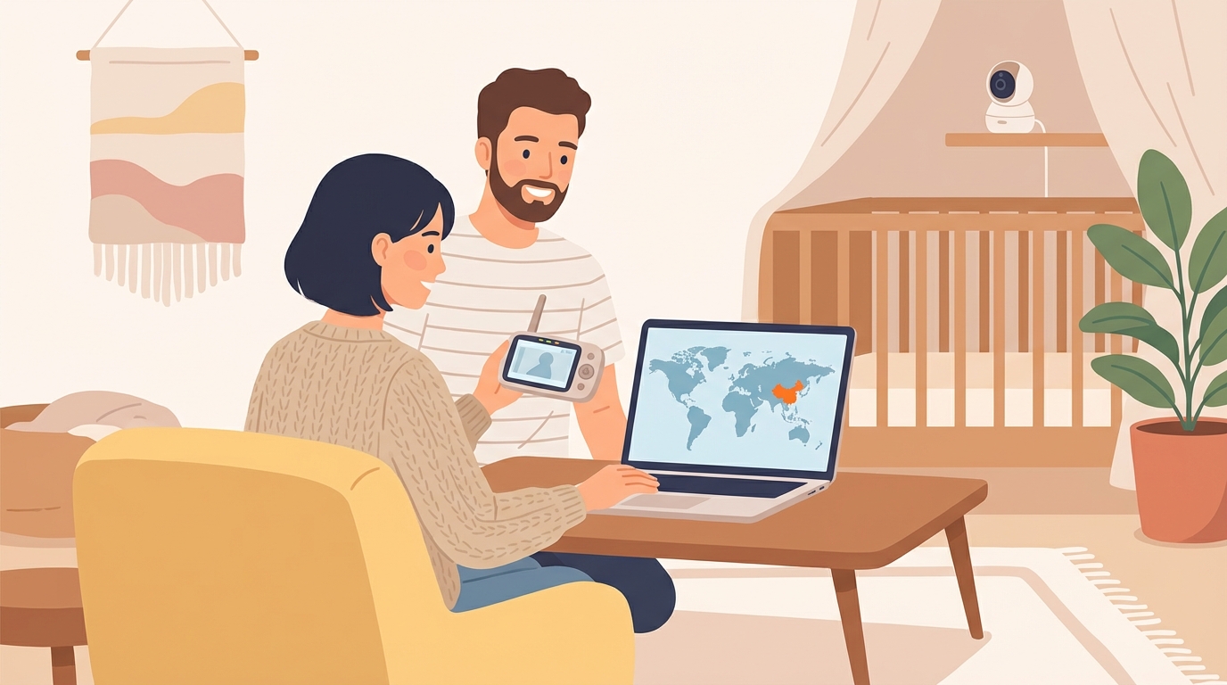 ベビーモニターの製造国を調べる夫婦のイラスト