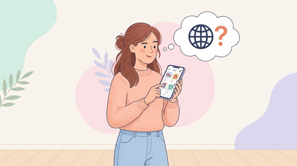 ネットショッピング中にブランドの出身国を疑問に思う女性のイラスト
