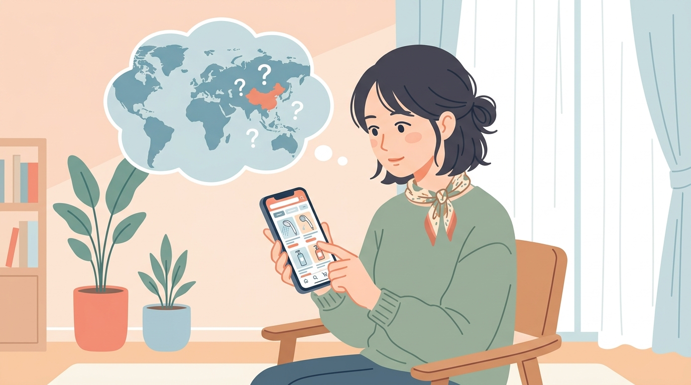 スマホでネットショッピングをしながら中国ブランドの出所を調べる女性のイラスト