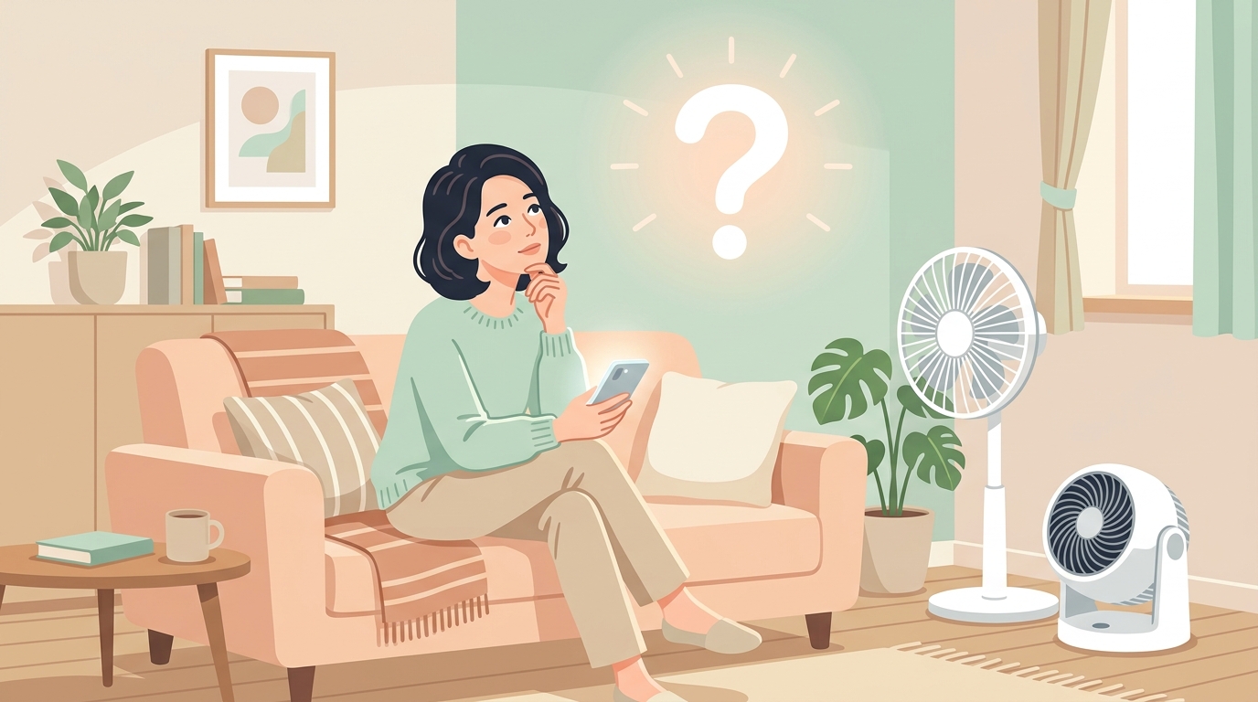 未知のブランドに悩む女性とリビングの扇風機・サーキュレーター