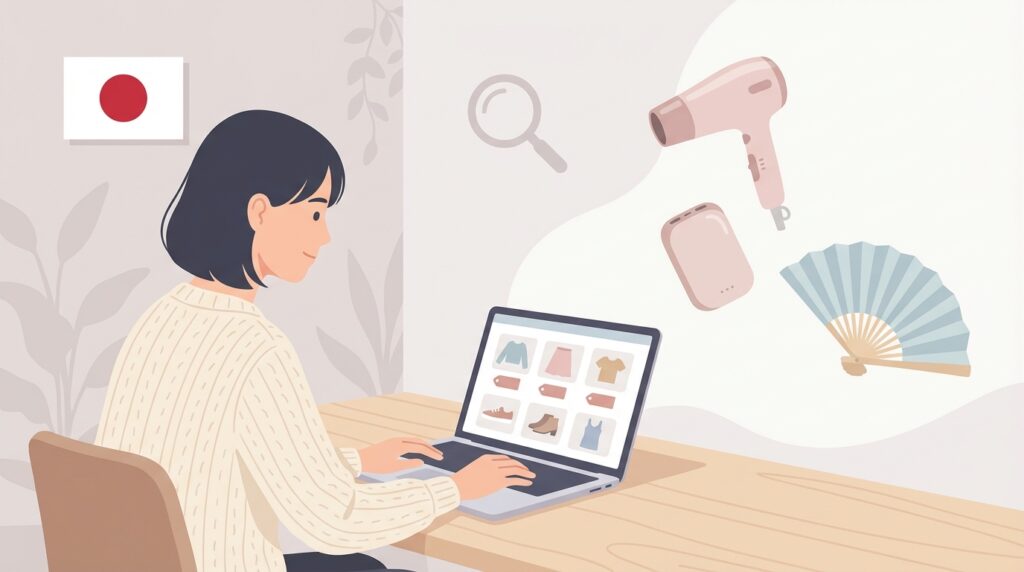 ネット通販でブランドを調査する女性と家電製品のイラスト