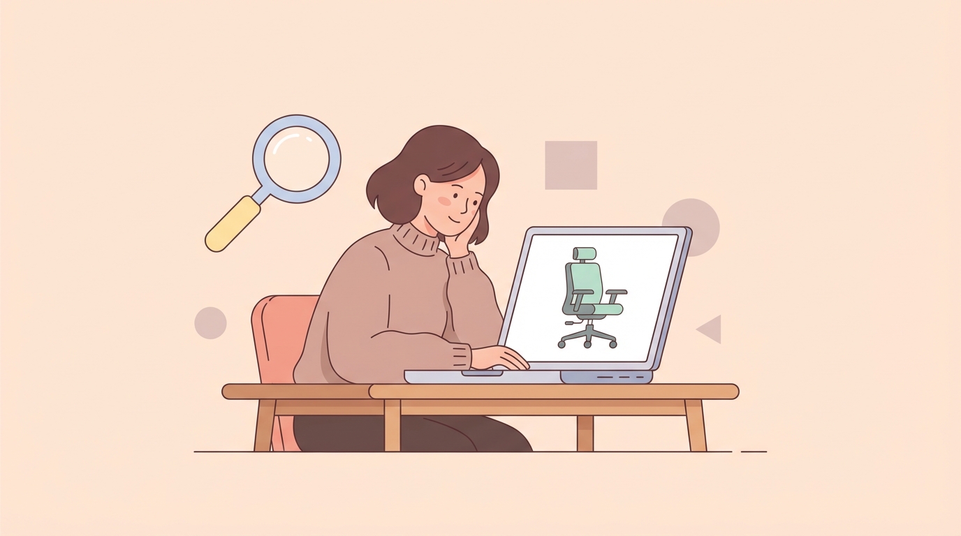 パソコンで骨盤サポートチェアを調査する女性のイラスト