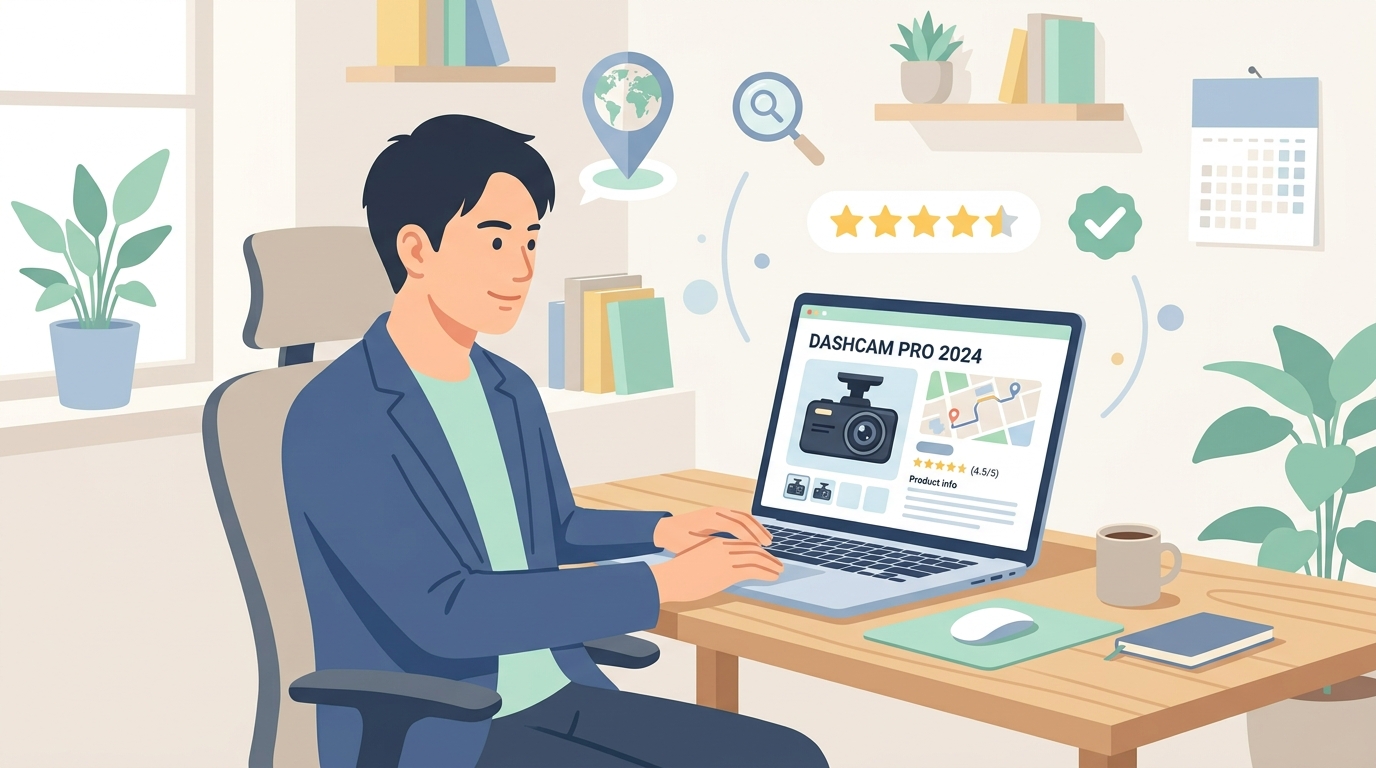 ブランド調査をするビジネスマンとドラレコのイラスト