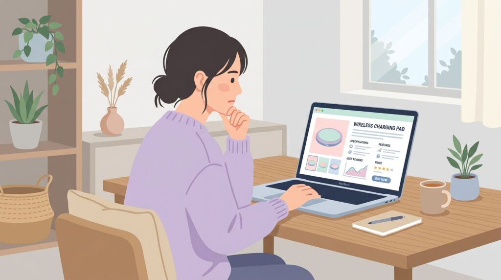 スマホアクセサリーをネットで調べる人のイラスト