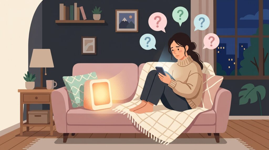 スマホで無名ブランドを調べる女性のイラスト