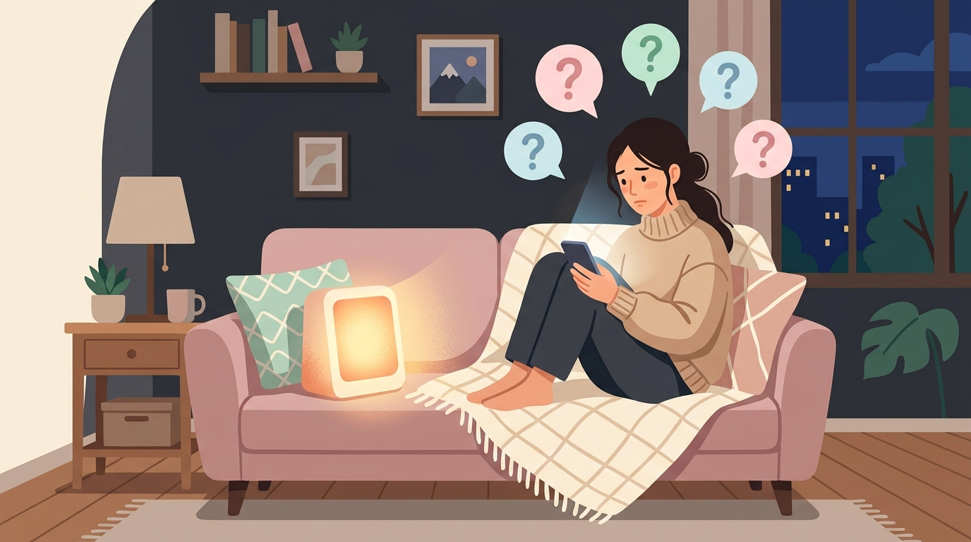 スマホで無名ブランドを調べる女性のイラスト