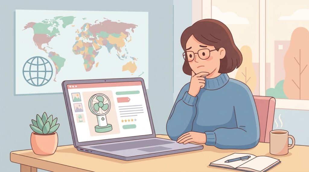 ノートPCでコードレス扇風機を調べる人と世界地図のイラスト