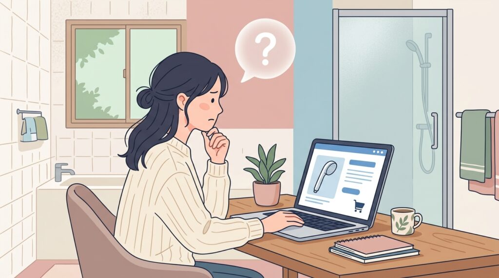 シャワーヘッドをオンラインショッピングで調べる女性のイラスト