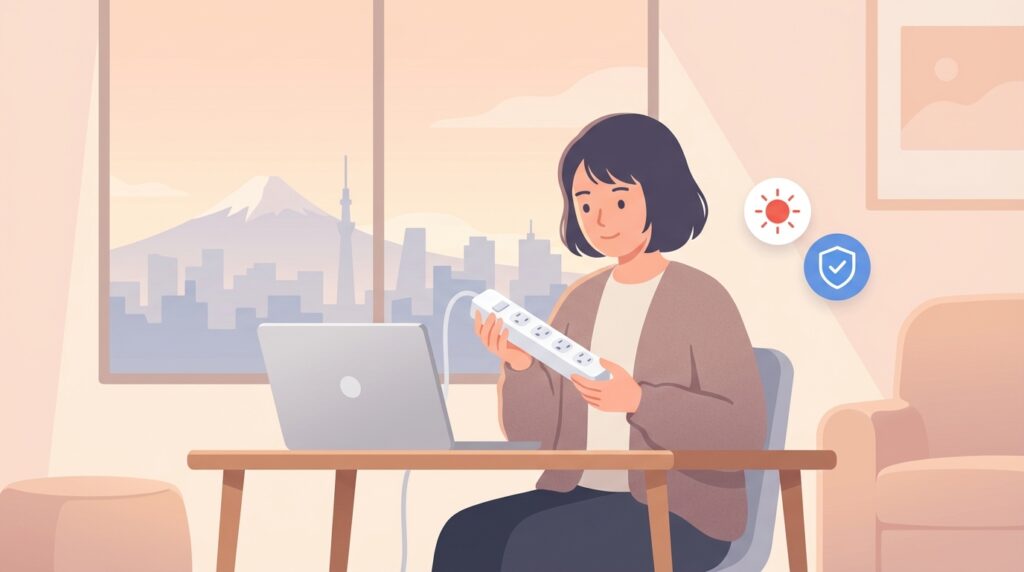 電源タップを確認する女性と東京の街並みのイラスト