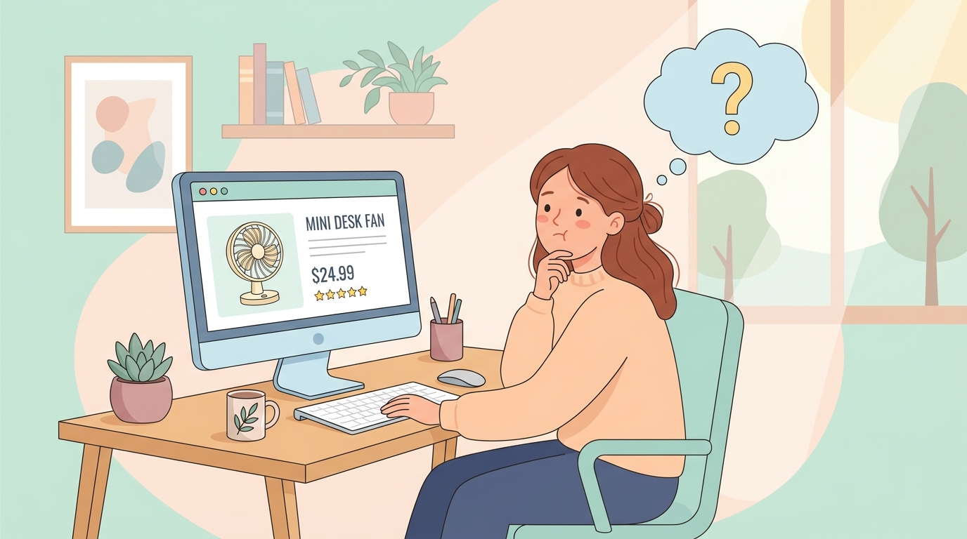 パソコンでネット通販を見ながら疑問を感じる女性のイラスト