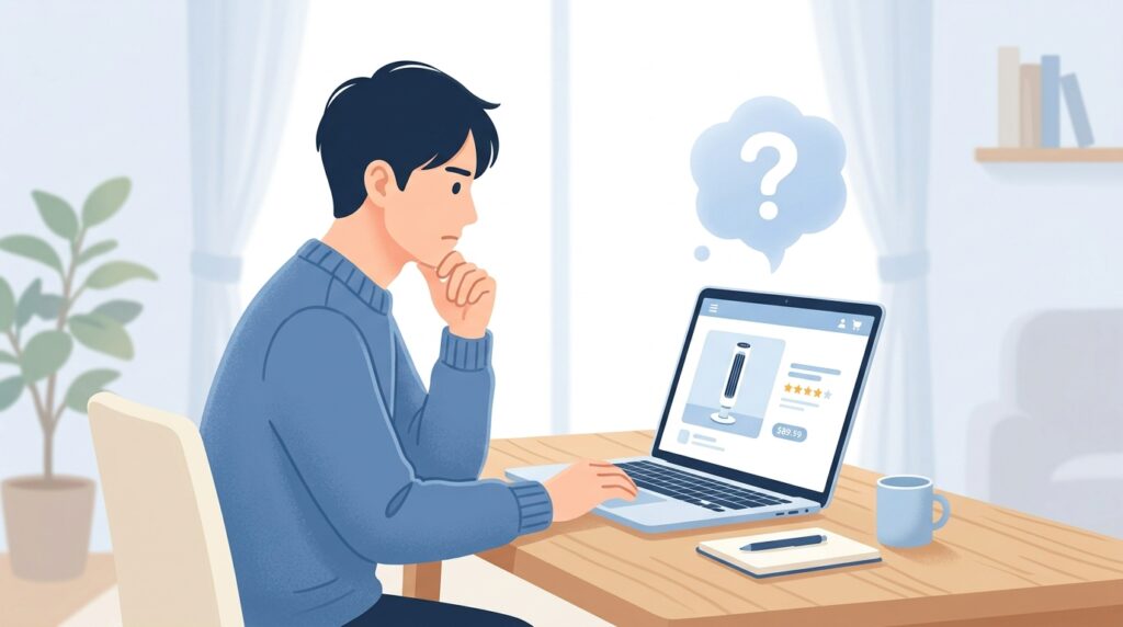 タワーファンの購入前にブランドの信頼性を調べている男性のイラスト