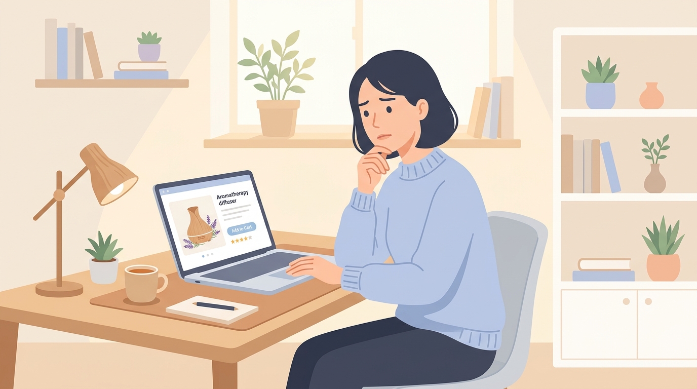 Amazonでメーカーを調べる女性のフラットイラスト