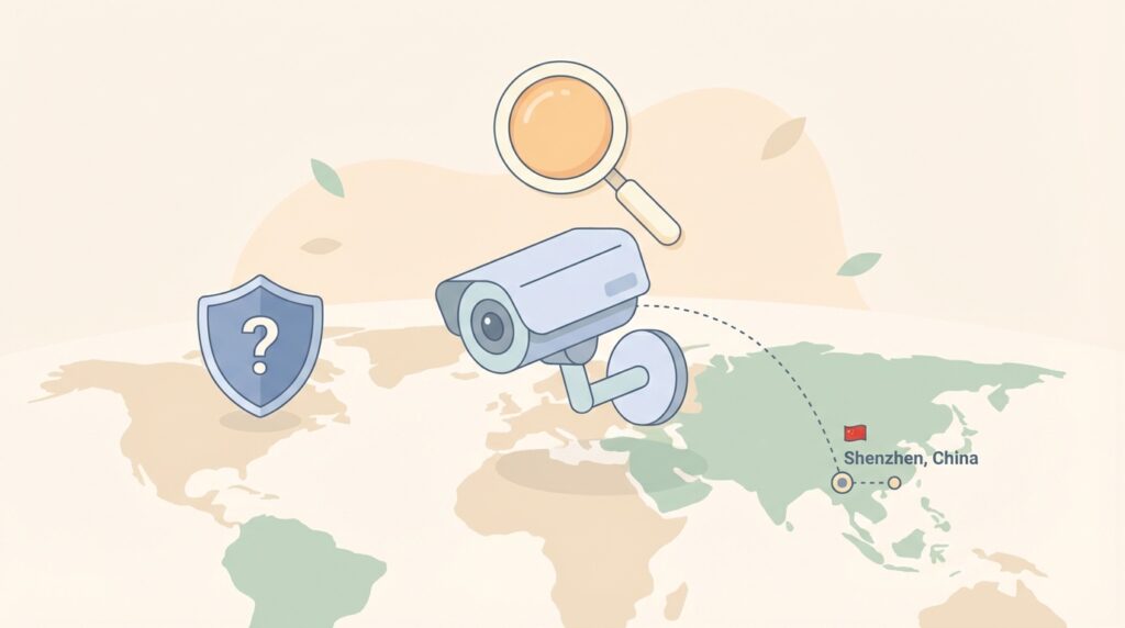 防犯カメラブランドの製造国と安全性を調査するイラスト