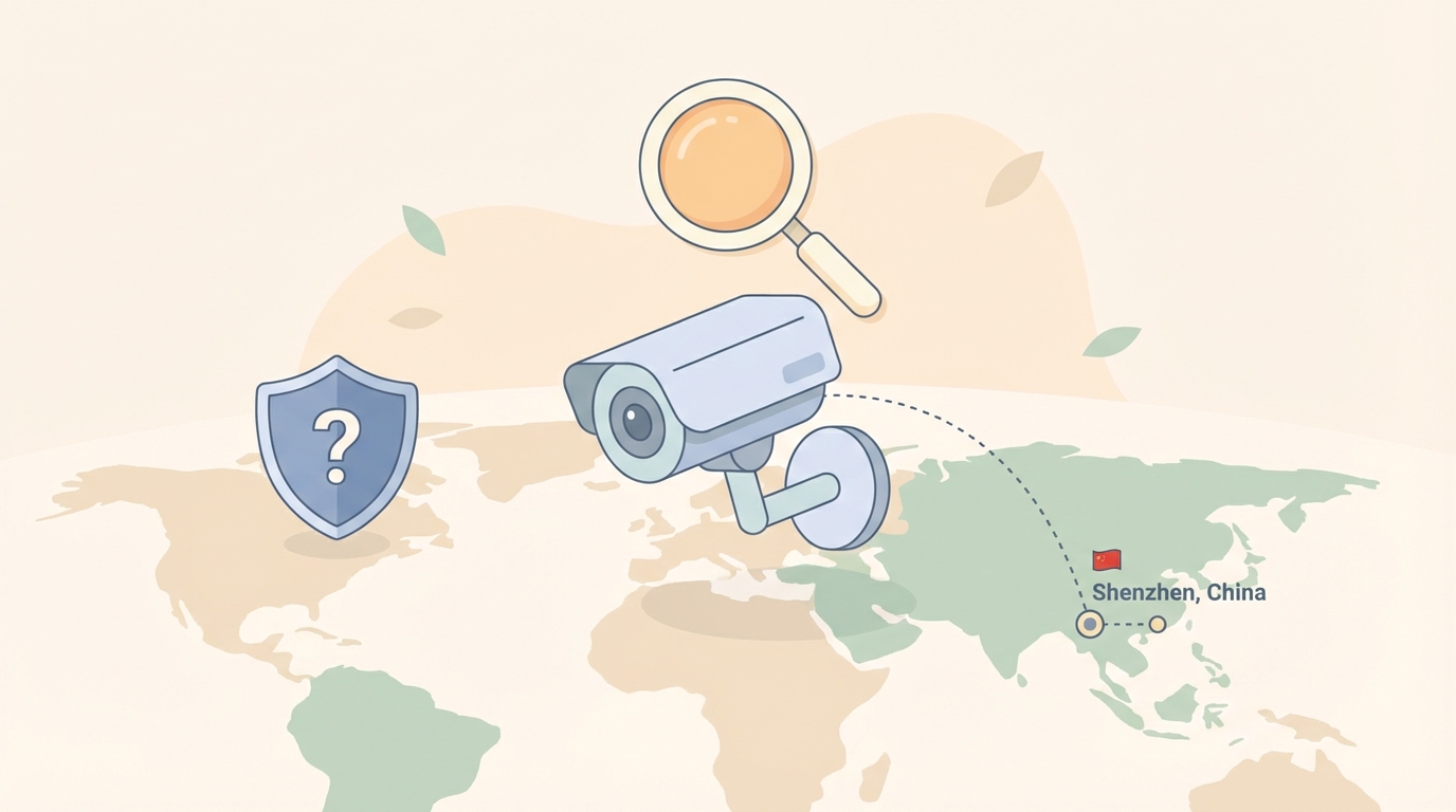 防犯カメラブランドの製造国と安全性を調査するイラスト
