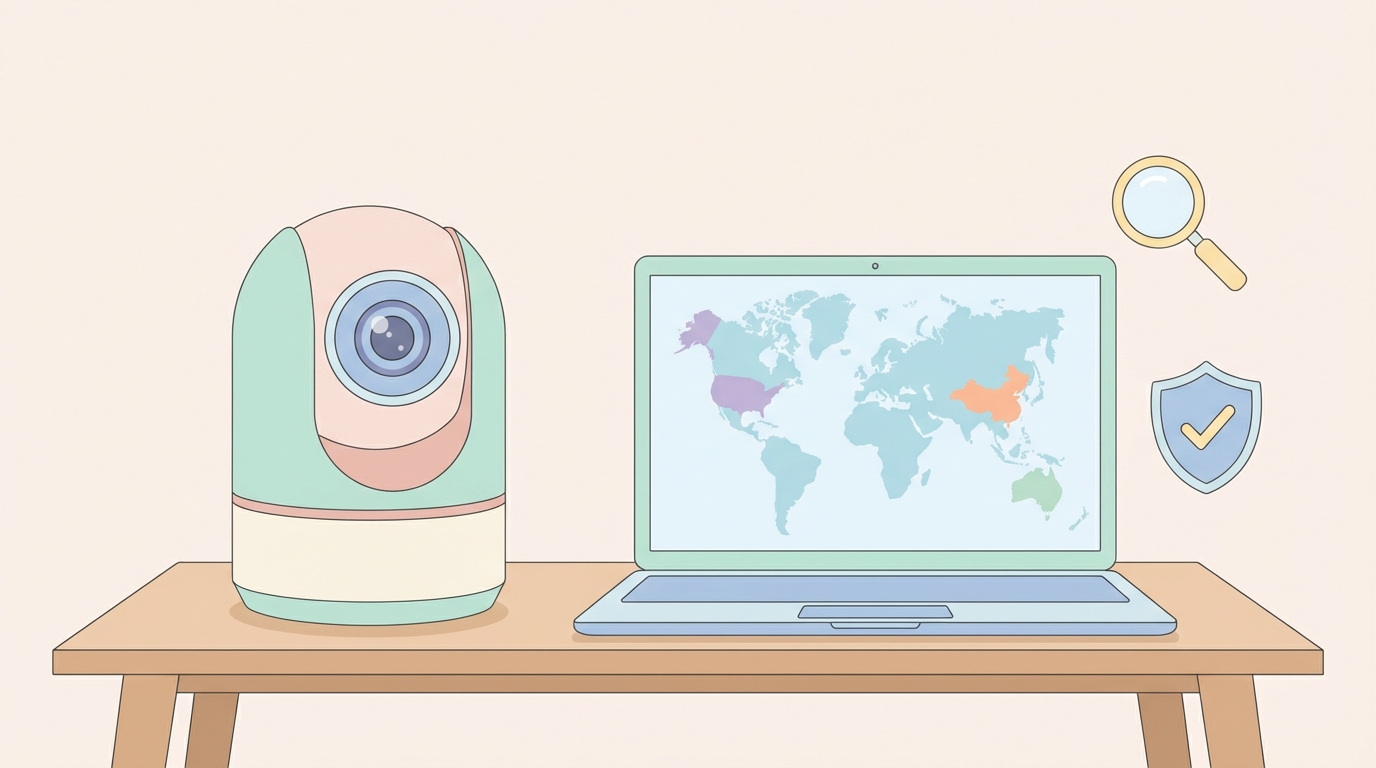 PTZ防犯カメラと世界地図を表示したノートPCのイラスト