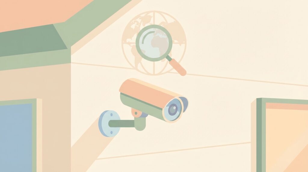 防犯カメラブランドの調査を象徴する虫眼鏡と地球儀のイラスト
