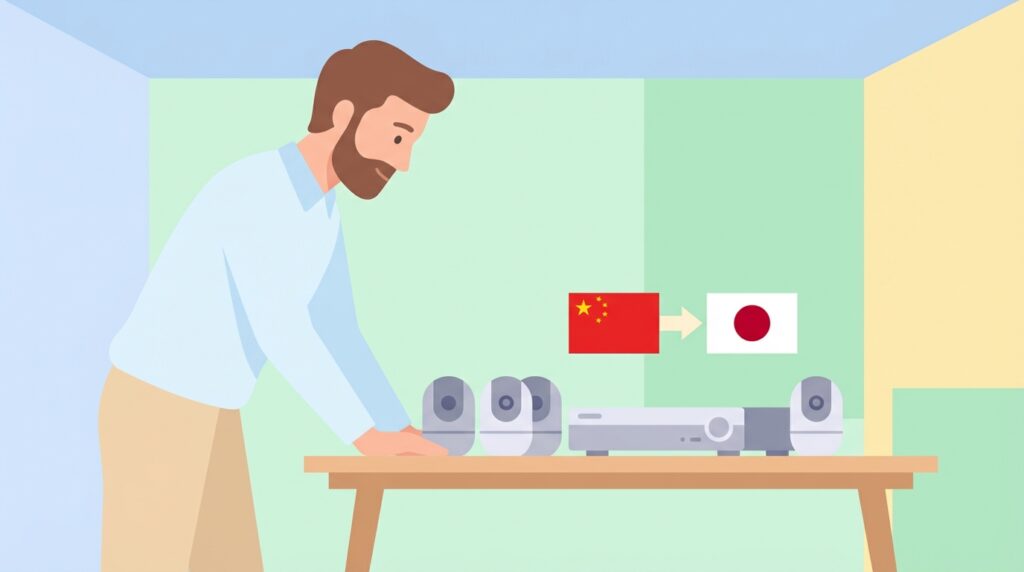 OHWOAIの防犯カメラセットを調査する男性のイラスト