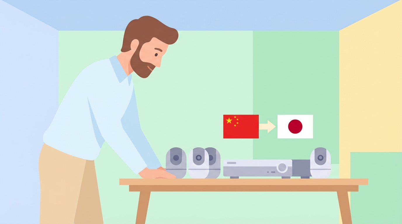 OHWOAIの防犯カメラセットを調査する男性のイラスト