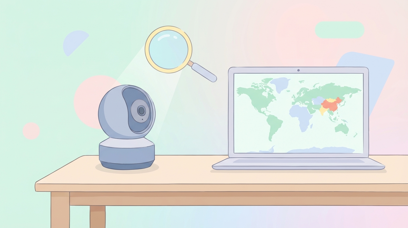 防犯カメラと世界地図を表示したノートPCのイラスト