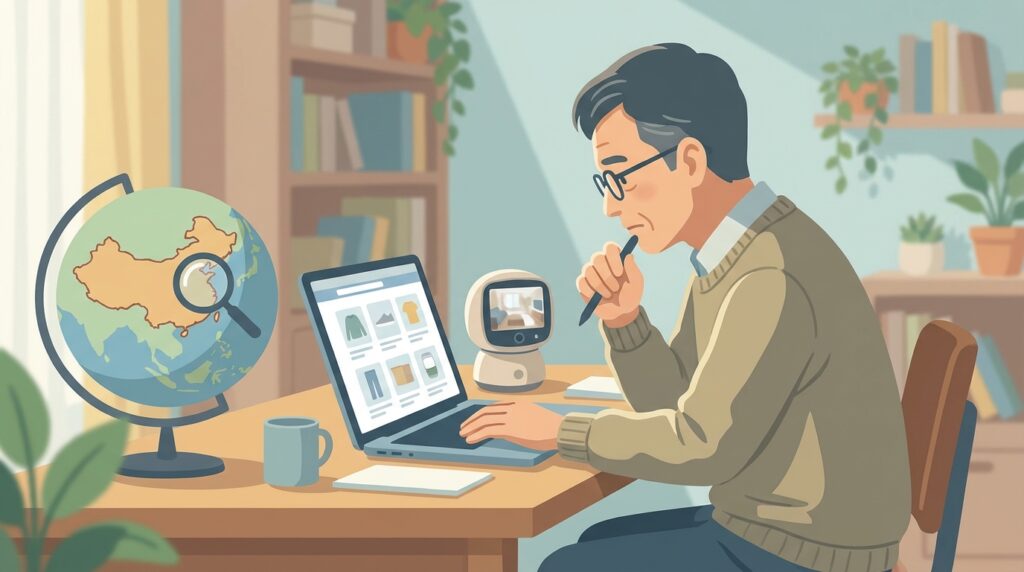 防犯カメラのブランドを調べる男性のイラスト