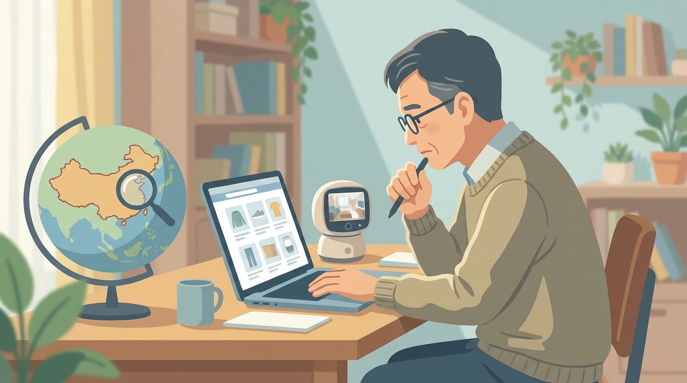 防犯カメラのブランドを調べる男性のイラスト