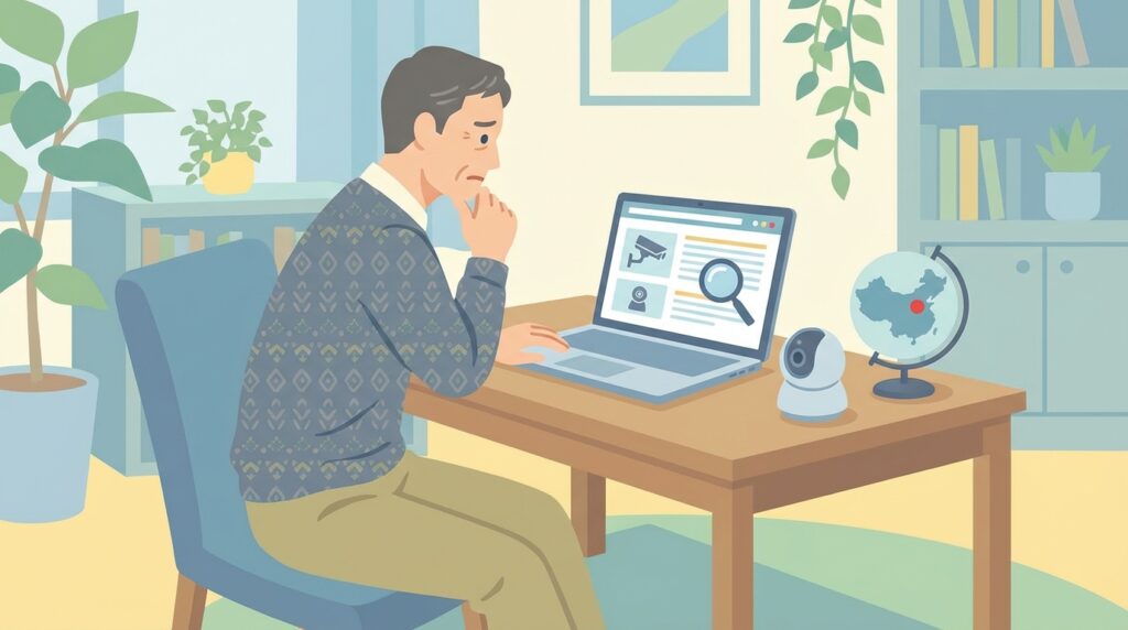 防犯カメラのブランドをネットで調べる男性のイラスト