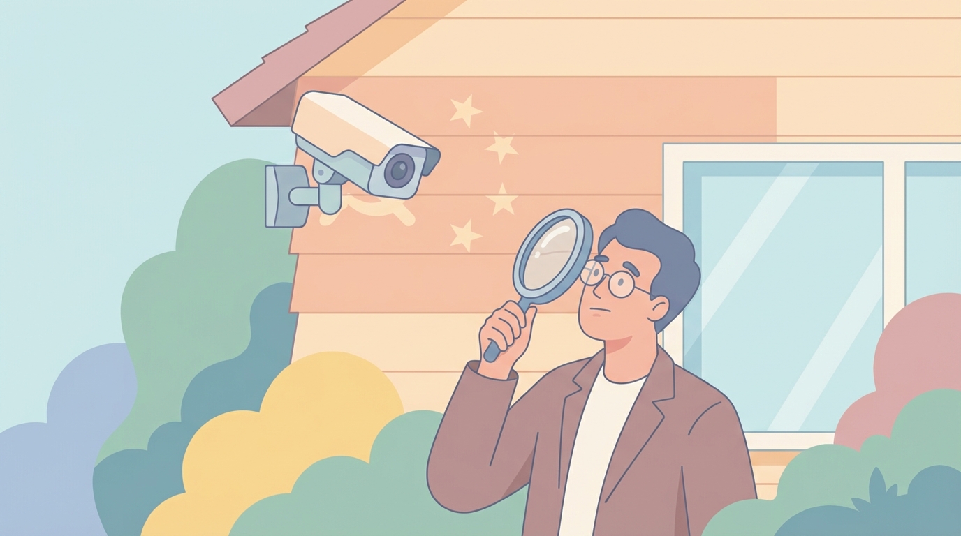 ANRANの防犯カメラを虫眼鏡で調査する男性のイラスト