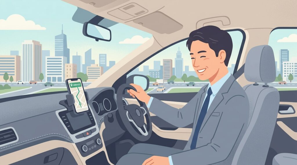 車載スマホホルダーを使って快適にドライブする男性のイラスト