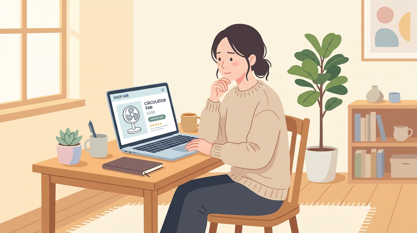 サーキュレーターをオンラインショップで調べる女性のイラスト