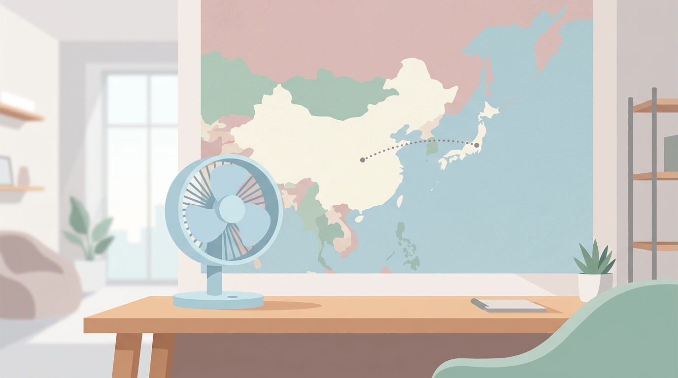 サーキュレーターと中国・日本の位置を示す世界地図のフラットイラスト