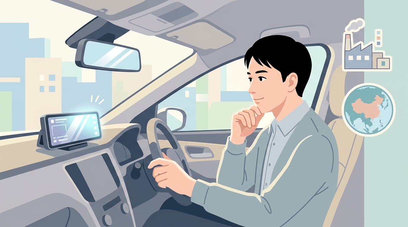 ミラー型ドラレコと中国工場の出自を調べる男性のイラスト