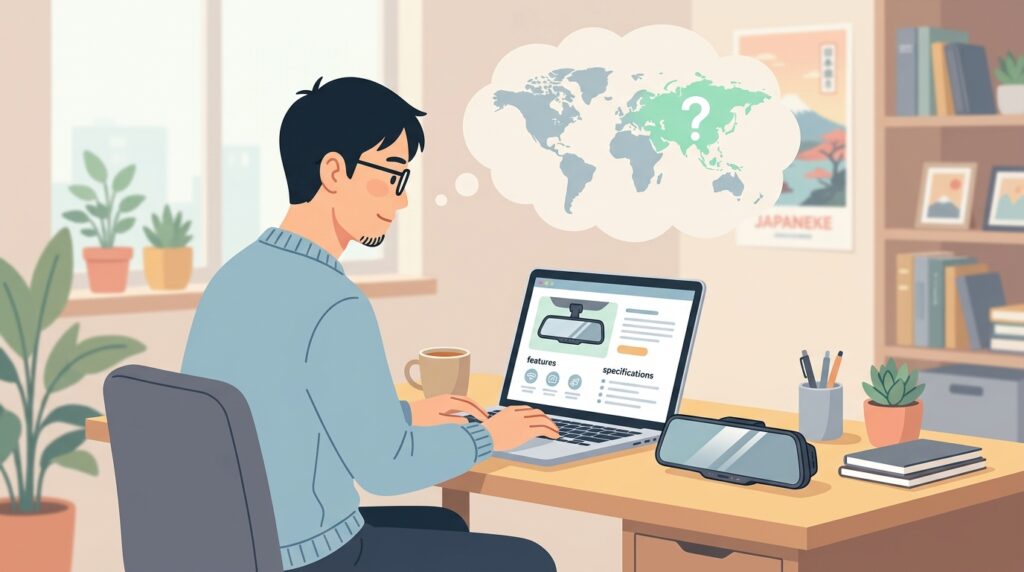 PORMIDOのドラレコについて調べる男性のイラスト