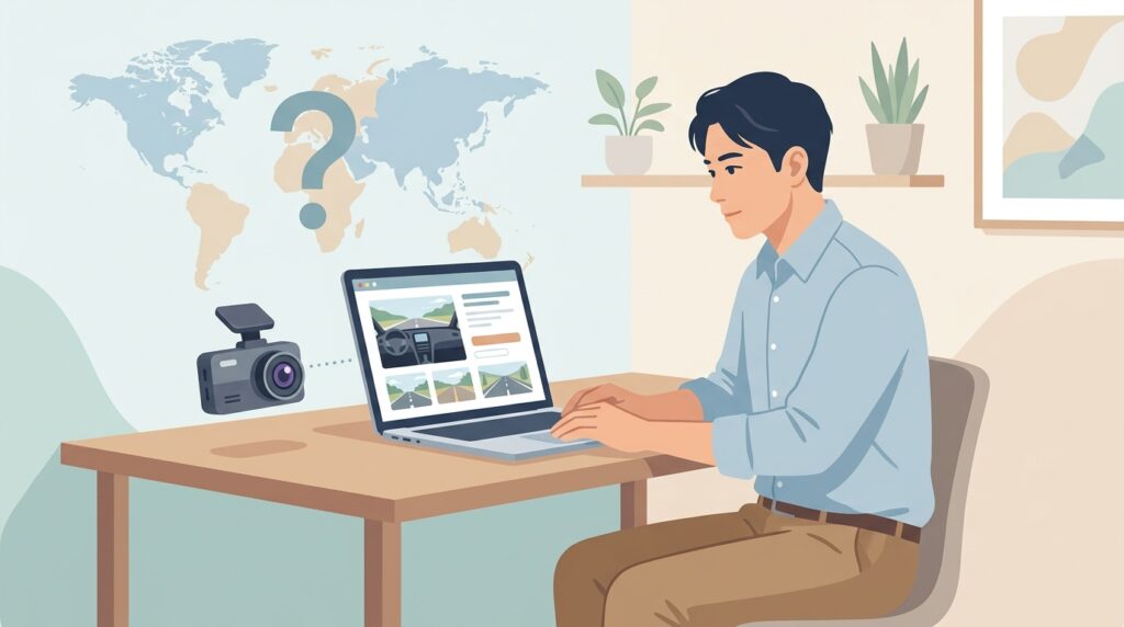 ドラレコのブランドをネットで調べる男性のイラスト