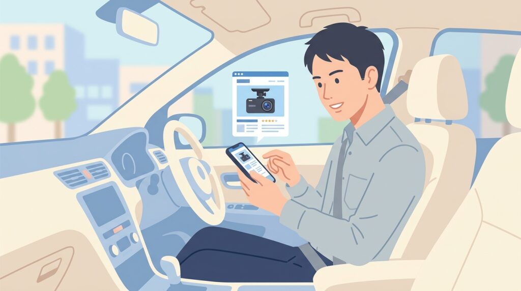 車内でスマホを使いドラレコブランドを調べる男性のイラスト