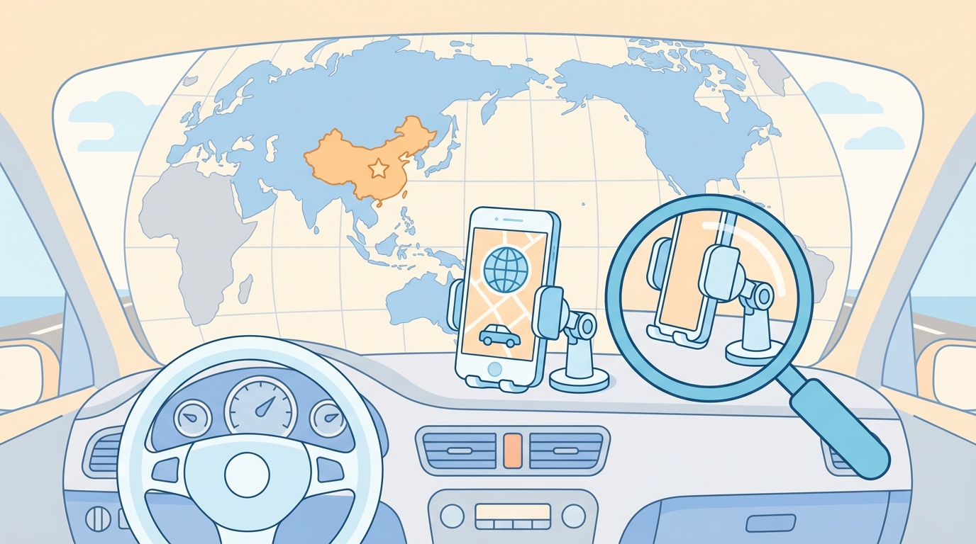 車のダッシュボードに取り付けられたスマホホルダーと中国を示す世界地図のフラットイラスト
