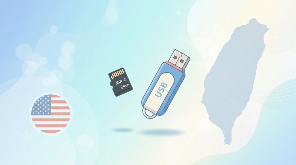 GigastoneのSDカードとUSBメモリ、台湾地図とアメリカ国旗のフラットイラスト