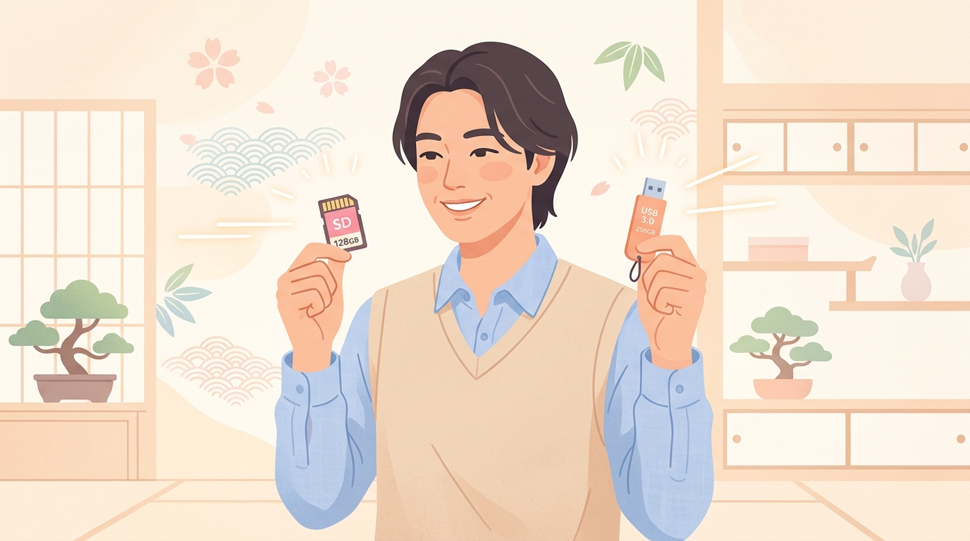 HIDISCのSDカードとUSBメモリを安心した表情で持つ日本人のイラスト