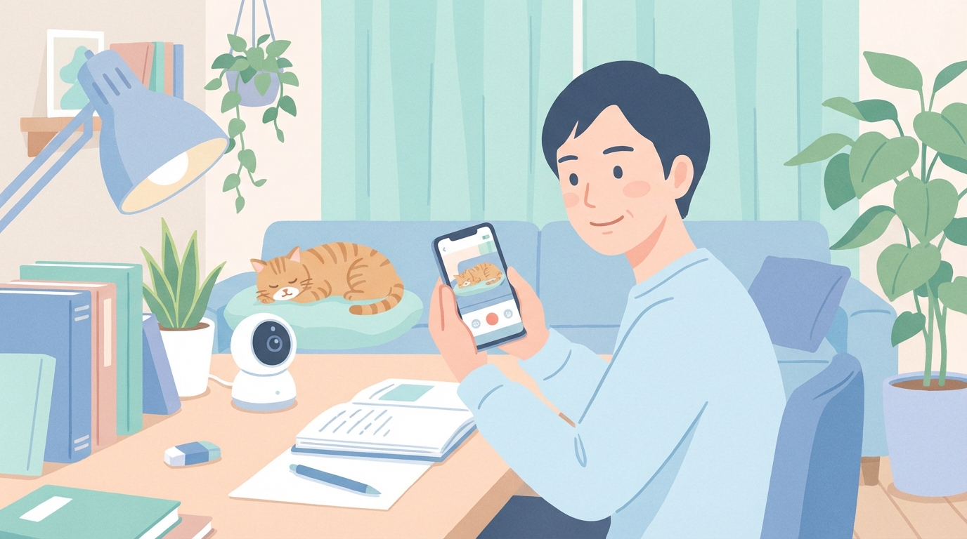 スマホで猫の様子を確認する人と室内見守りカメラのイラスト