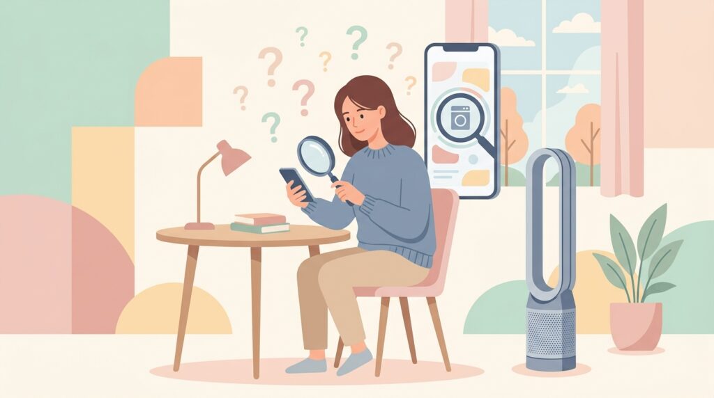 IraTimeブランドをスマホで調べる女性とタワーファンのイラスト