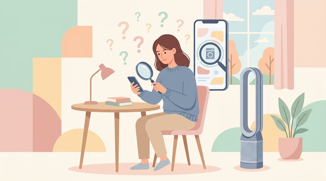 IraTimeブランドをスマホで調べる女性とタワーファンのイラスト