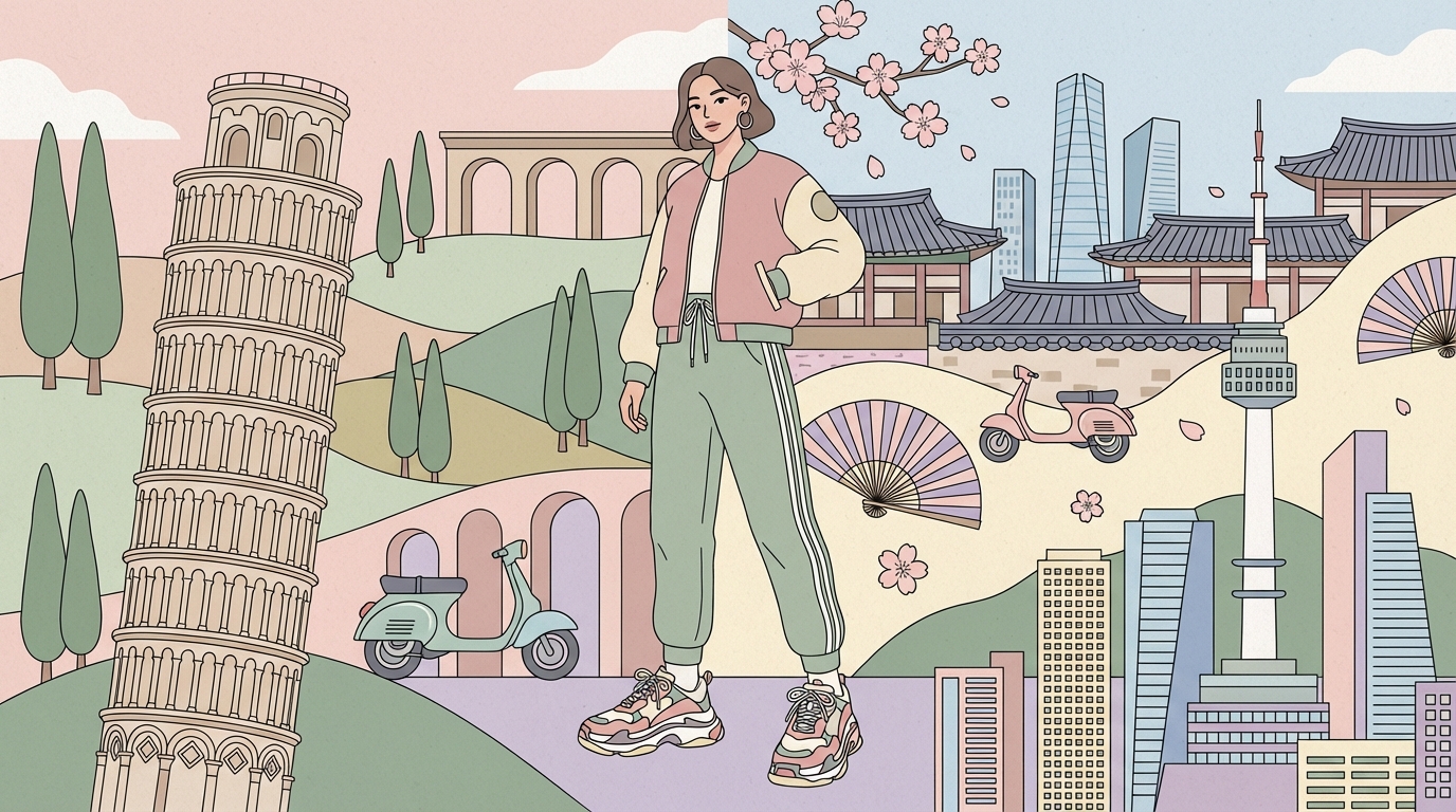 イタリアと韓国の風景の間に立つスポーティな女性のイラスト