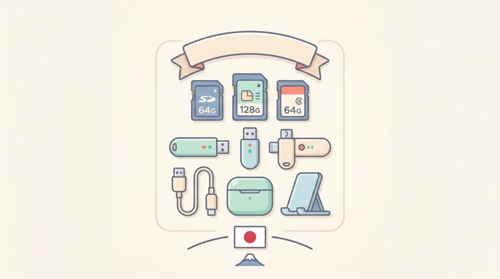 LAZOSブランドのSDカード・USBメモリ・日本国旗のフラットイラスト