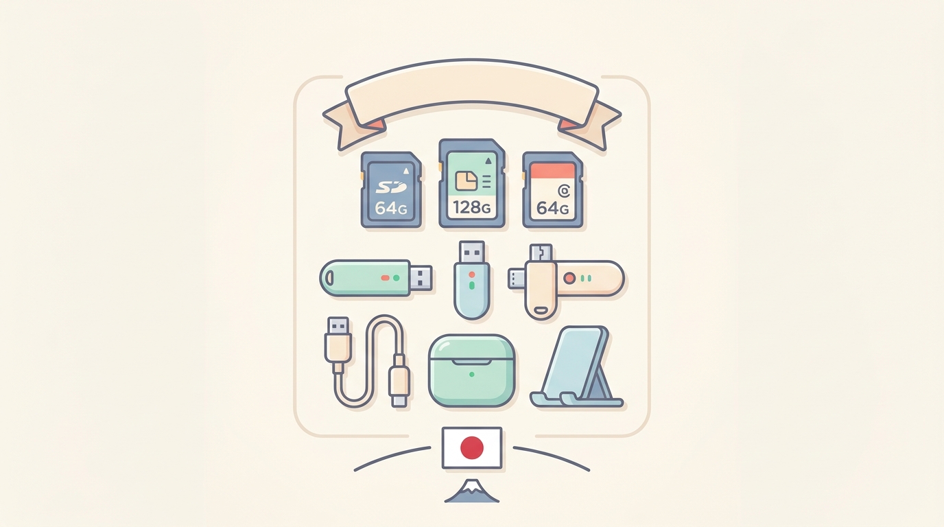 LAZOSブランドのSDカード・USBメモリ・日本国旗のフラットイラスト