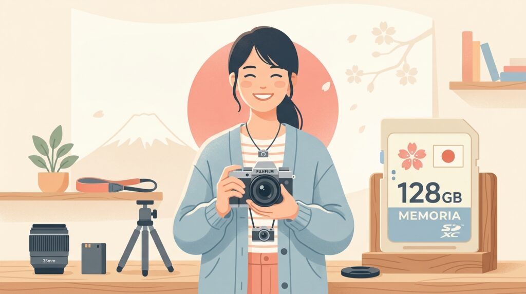 カメラを持つ人とメモリーカード、日本のモチーフを組み合わせたフラットイラスト