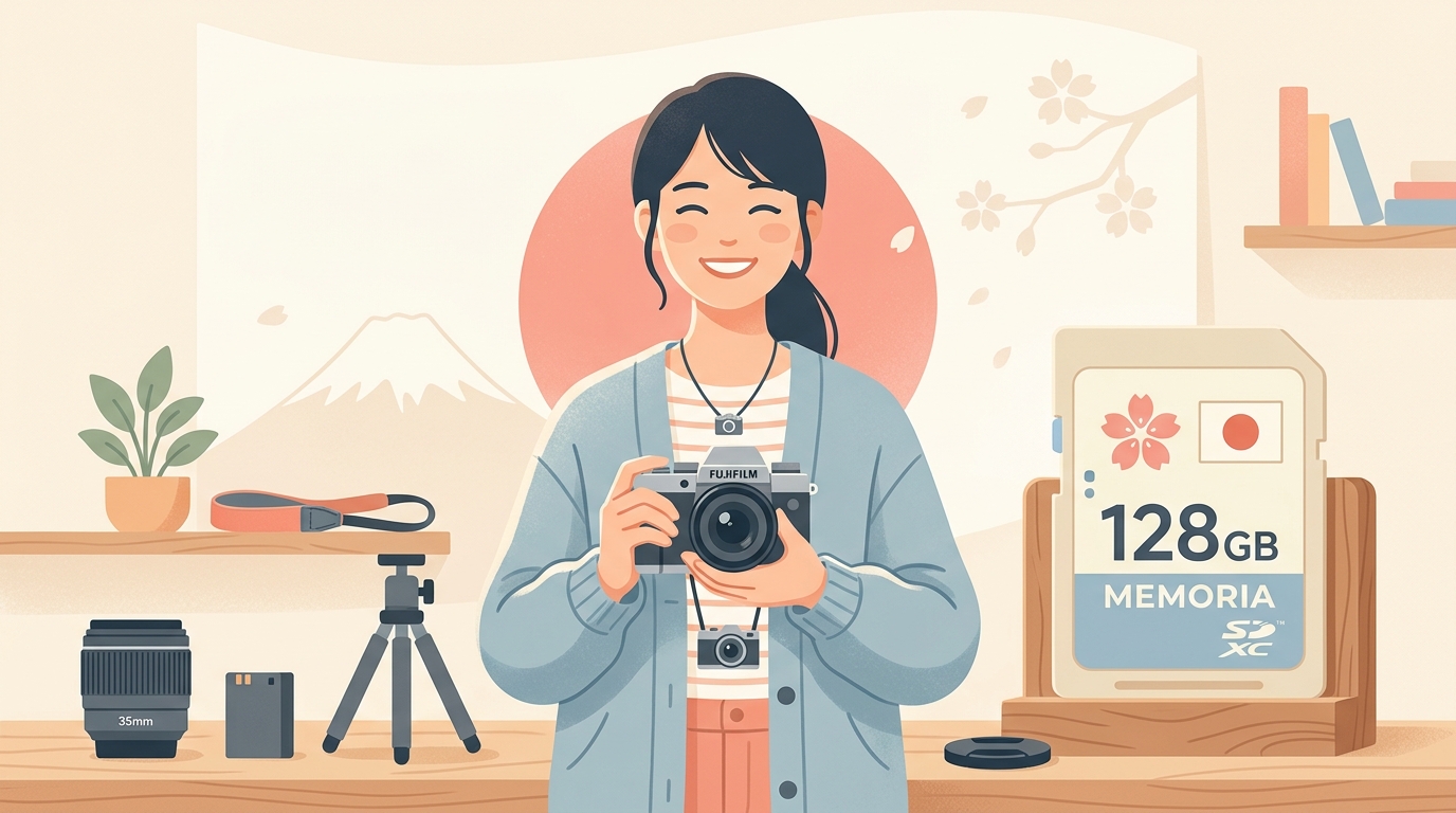 カメラを持つ人とメモリーカード、日本のモチーフを組み合わせたフラットイラスト