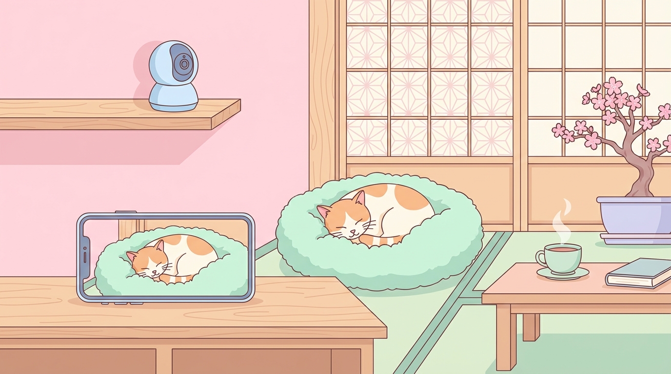 日本風のリビングに設置されたスマートカメラとスマホで猫を見守るイラスト