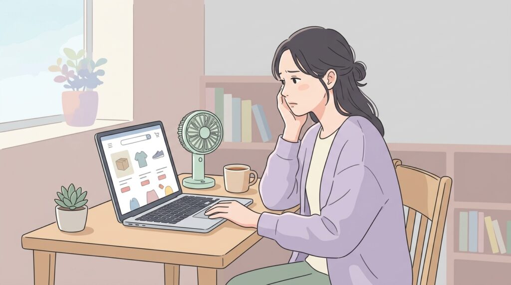 ノートパソコンで通販サイトを見ながら悩む30代女性と小型扇風機のイラスト